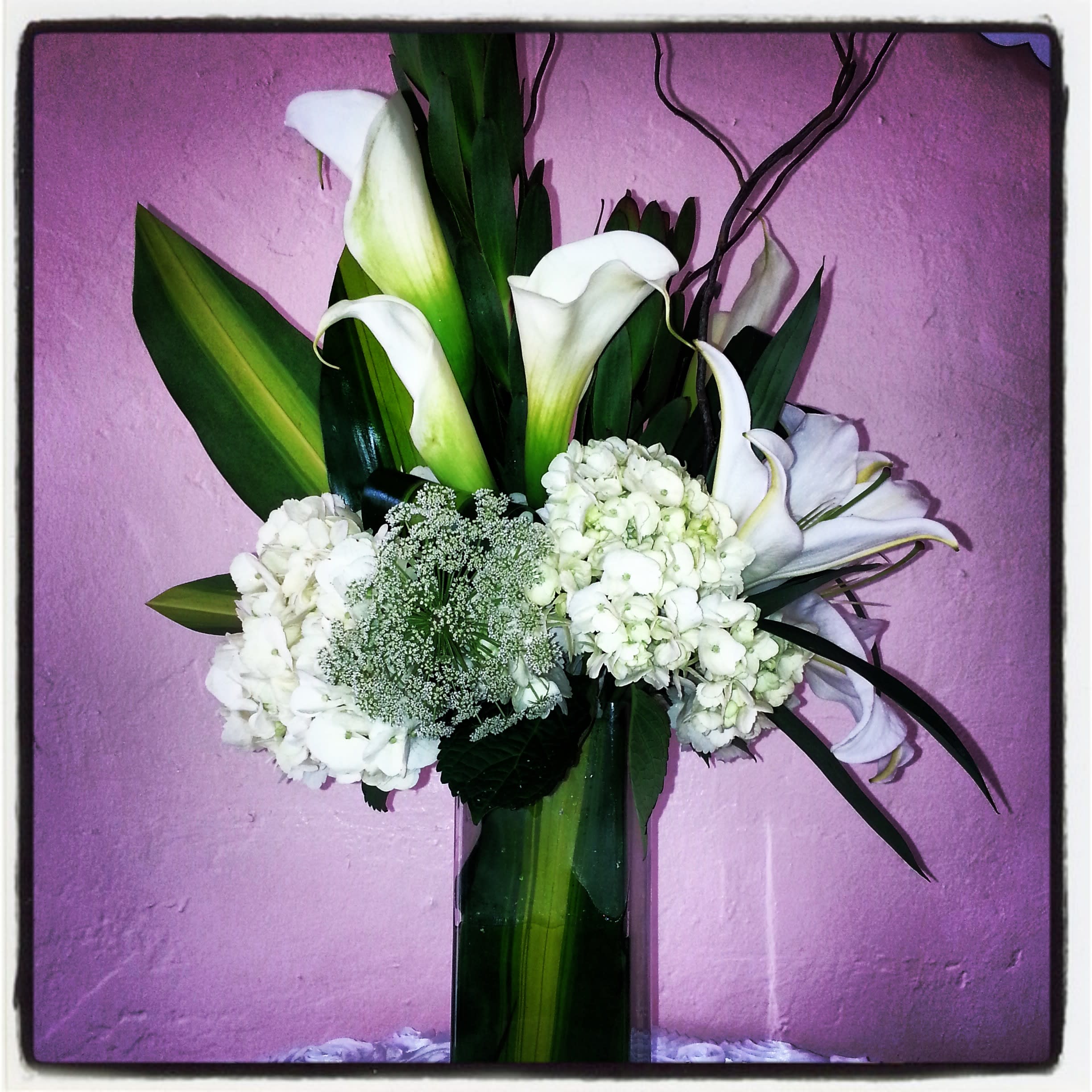 T Leaf Elegance - This bouquet has lots of personality with several sides to adore. Tall square vase with tropical greens, white calla lilies, white bloomed lilies, queens lace and curly willow give this bouquet much ELEGANCE!