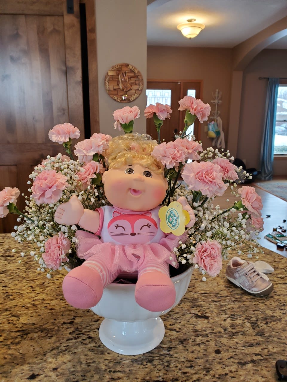 Pink Carnations, baby breath with a soft adorable baby girl or boy - I can design your special new baby girl bouquet with a her first baby doll included. We can specialize this bouquet to your wishes. This boquique takes a couple days to make as I will need to go and get your baby doll.