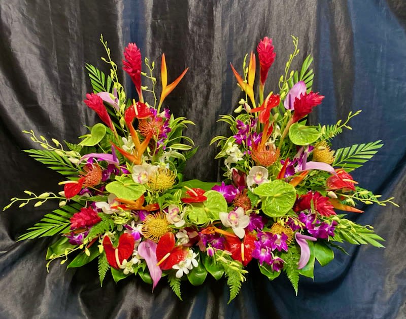 TROPICAL URN GARDEN  2 - Red ginger,  anthuriums, dendrobium orchids,  heleconia, protea. Stylized to put Urn in middle 