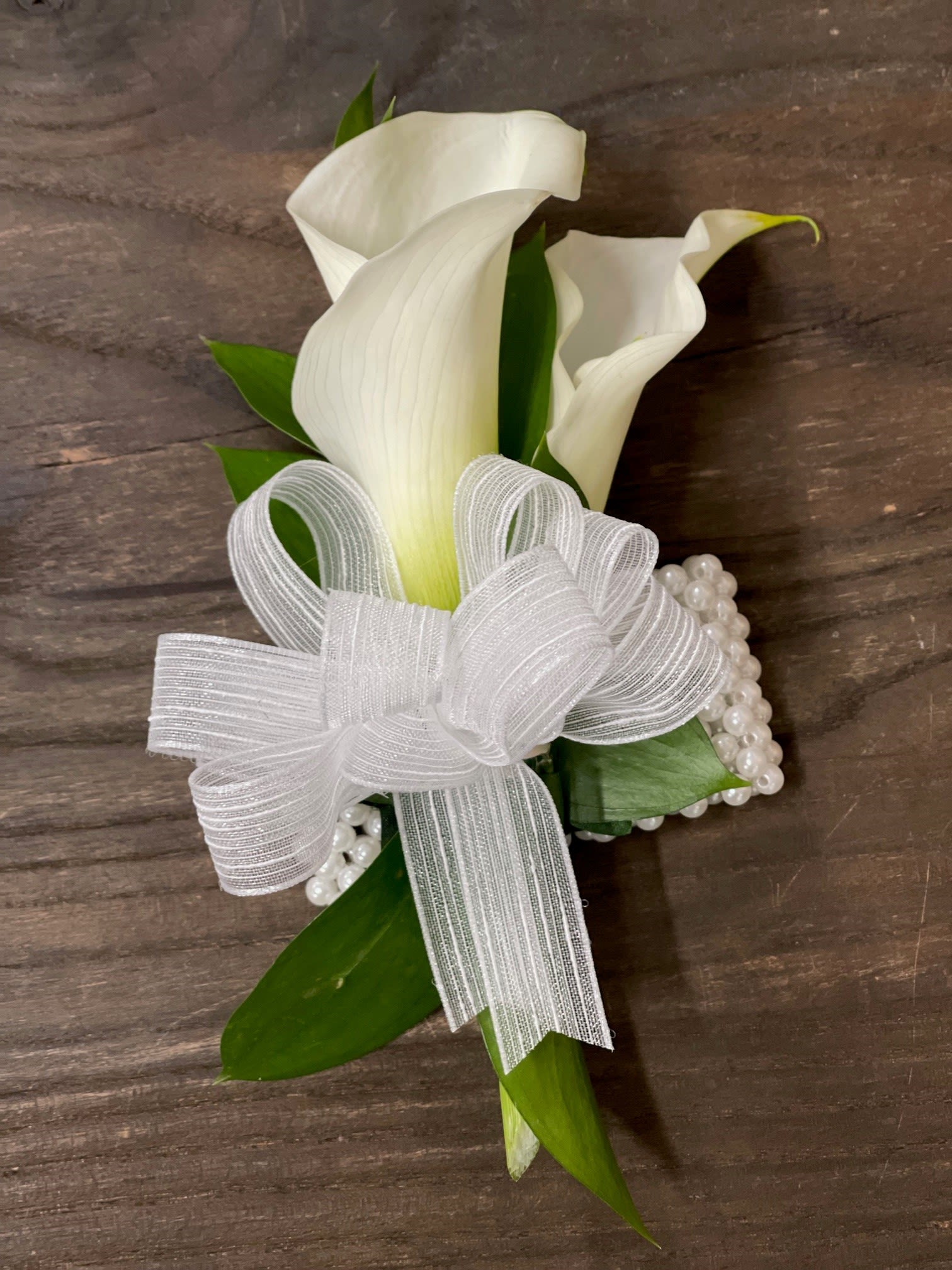 White Calla Lily Wrist Corsage in Lakeville, CT Roaring Oaks Florist