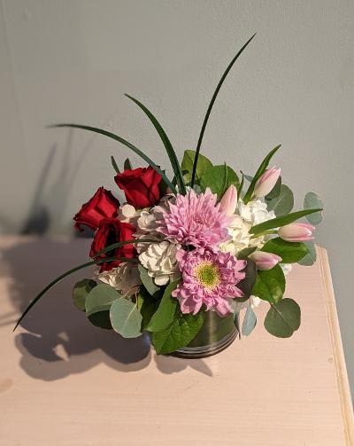 My Love... - So cute and perfect for Valentines Day!!! With Three red roses.; tulips :hydrangeas; and pastel colored cremones. Accents of eucalyptus and lily grass.