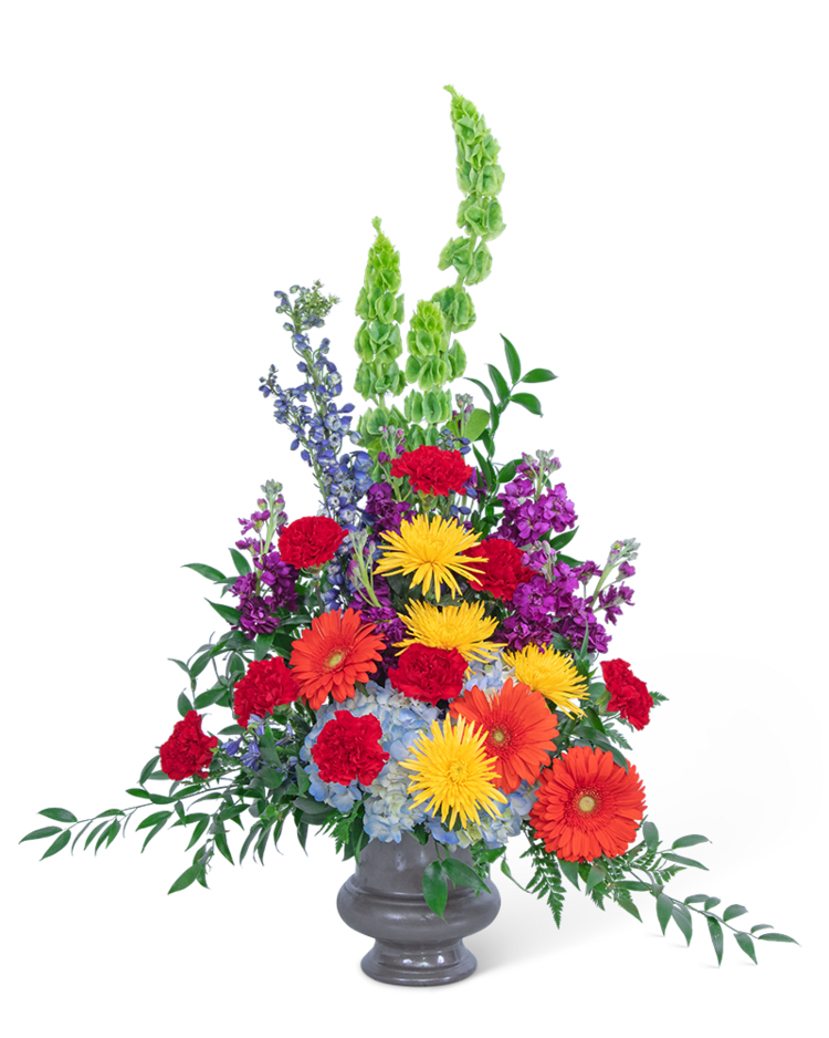 Vibrant Urn - How do you celebrate the life of such an amazing, vibrant person? Our Vibrant Urn is a colorful funeral design featuring bright carnations, Gerbera, Hydrangea, Spider Mums, Delphinium, Stock, and other premium foliage. Sympathy flowers are a tangible way to show your love and share your sympathetic thoughts to the bereaved. They convey our love and respect and are also a symbol of the beauty that still lives on. Flower colors may vary