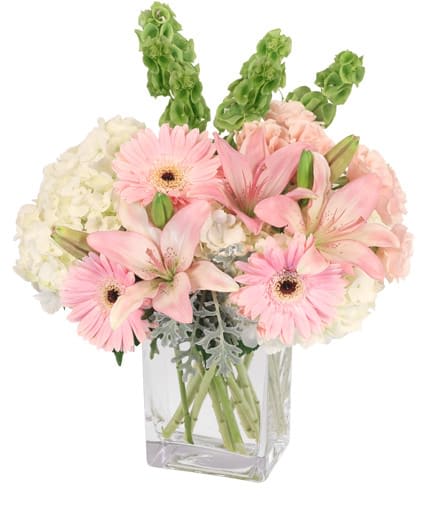 Pink Princess)Vase Arrangement - This angelic bouquet is sure to make them smile! The wonderous mix of pale pink lilies, mini spray roses, and gerberas contrast superbly against the gorgeous white hydrangeas and handsome bells of Ireland, making Pink Princess a pastel lover's dream. Send this dream bouquet to the princess in your life!