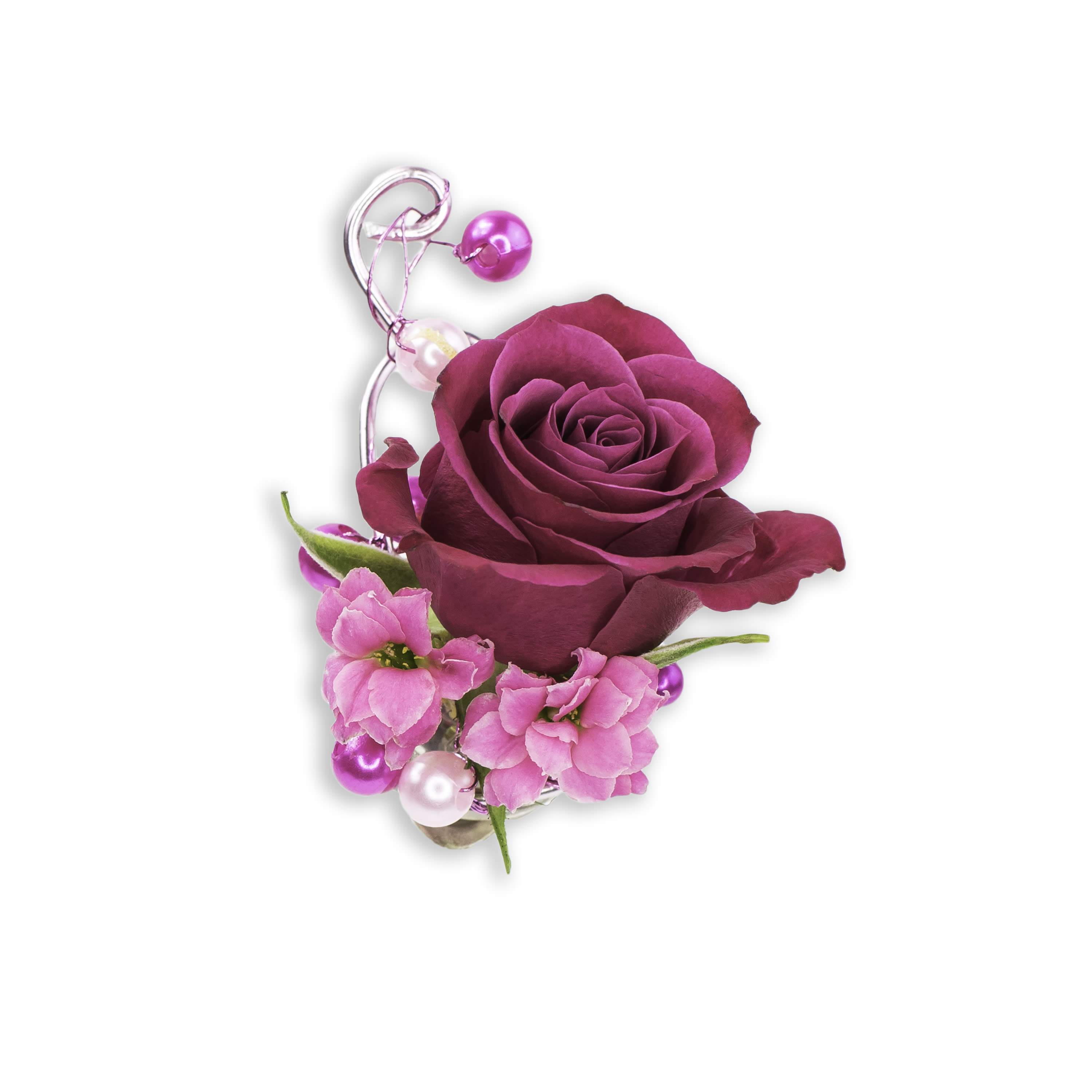 Funfetti Boutonniere - TMF-435 - A boutonniere created with combination of fun wires and beads with a fuchsia pink rose and kalanchoe blooms.