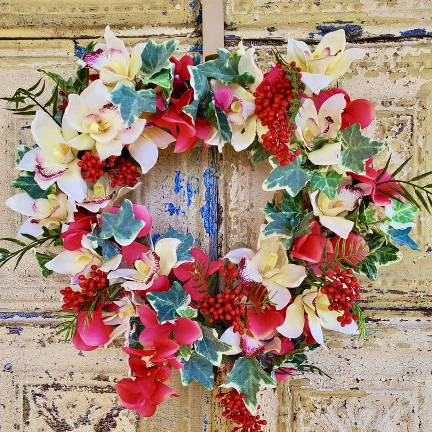 Heart of Northern Virginia Heart of Northern Virginia - Approximately 14 inches, this wreath made of everlasting silk cymbidium orchids, nandina berries, hydrangea, and ivy will garner positive attention to your door, or wherever you choose to display!