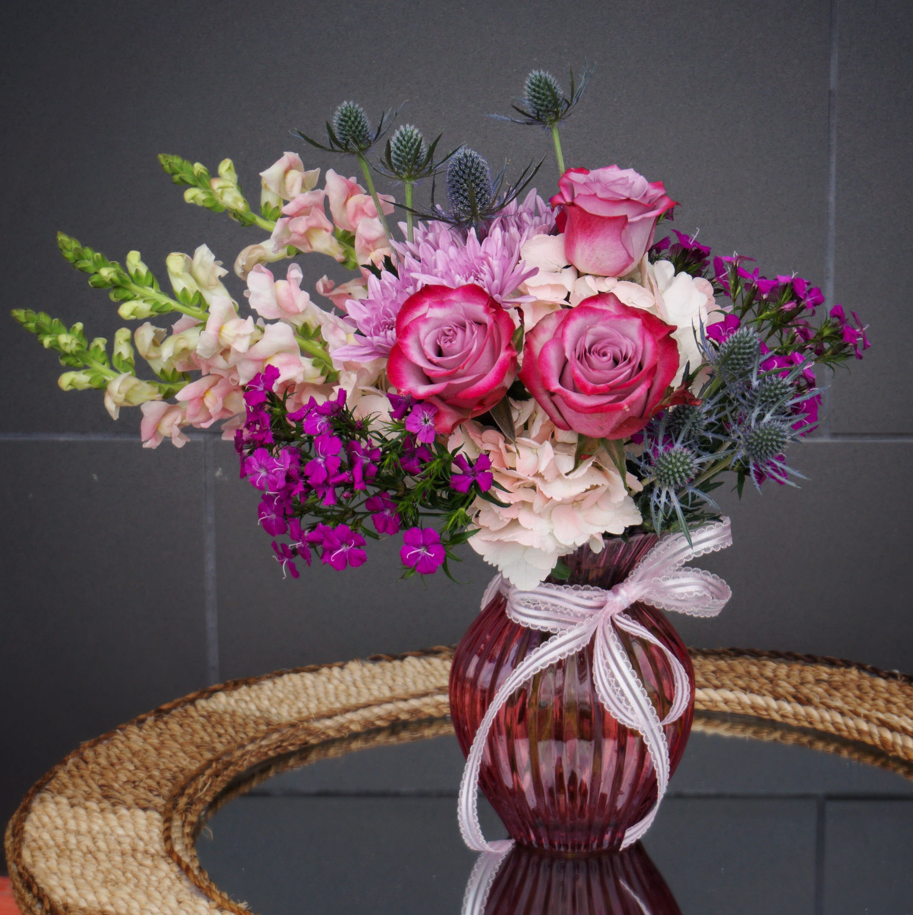 Forever Beautiful - Beautiful design including rose, snapdragon, hydrangea, sweet william and accents in a nice vase. STANDARD: FIRST PHOTO DELUXE: SECOND PHOTO PREMIUM: THIRD PHOTO