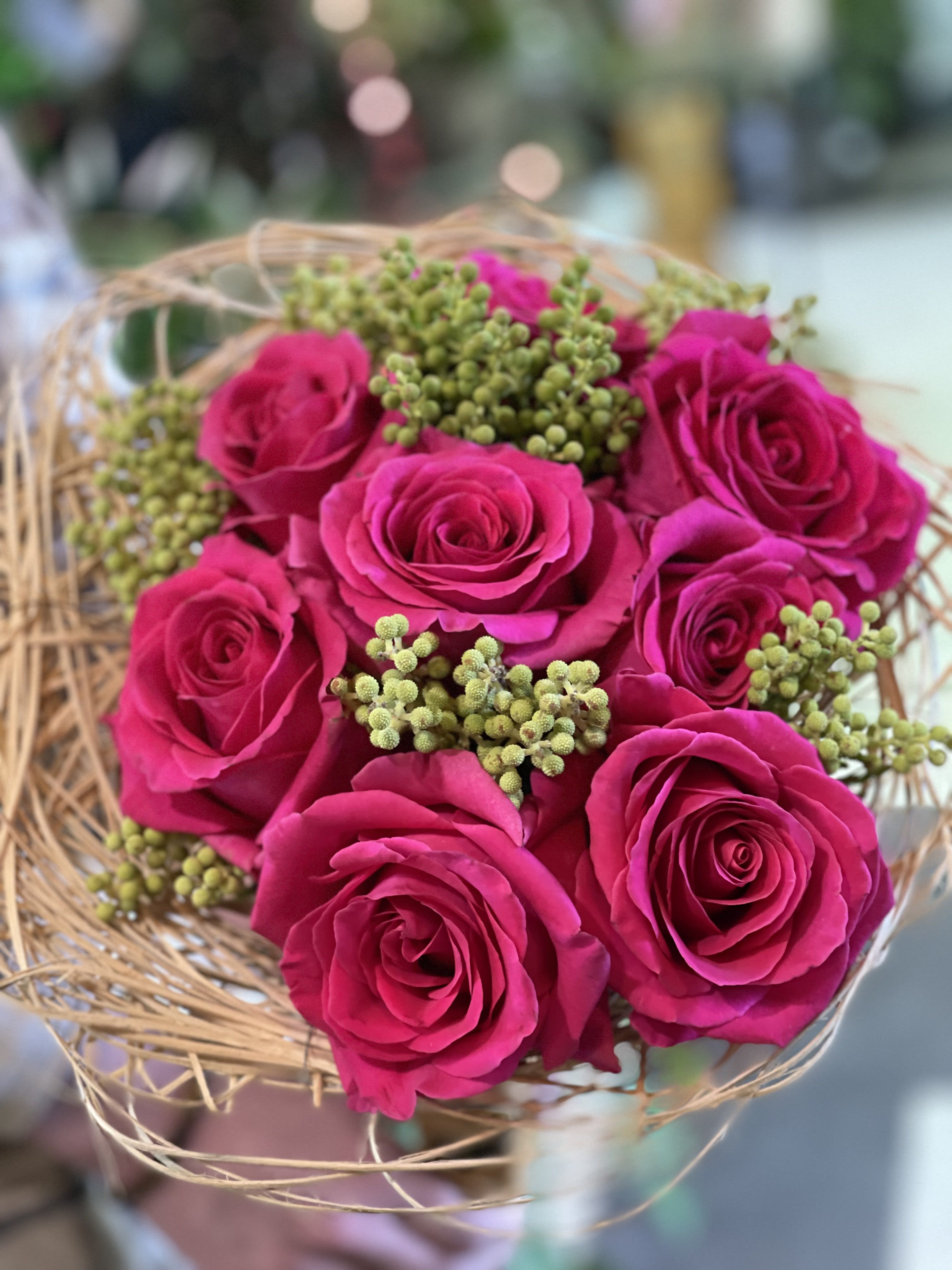 Perfect Nest Arrangement (Rose) - Pink roses with lovely garnishes in the birds nest type bouquet. 