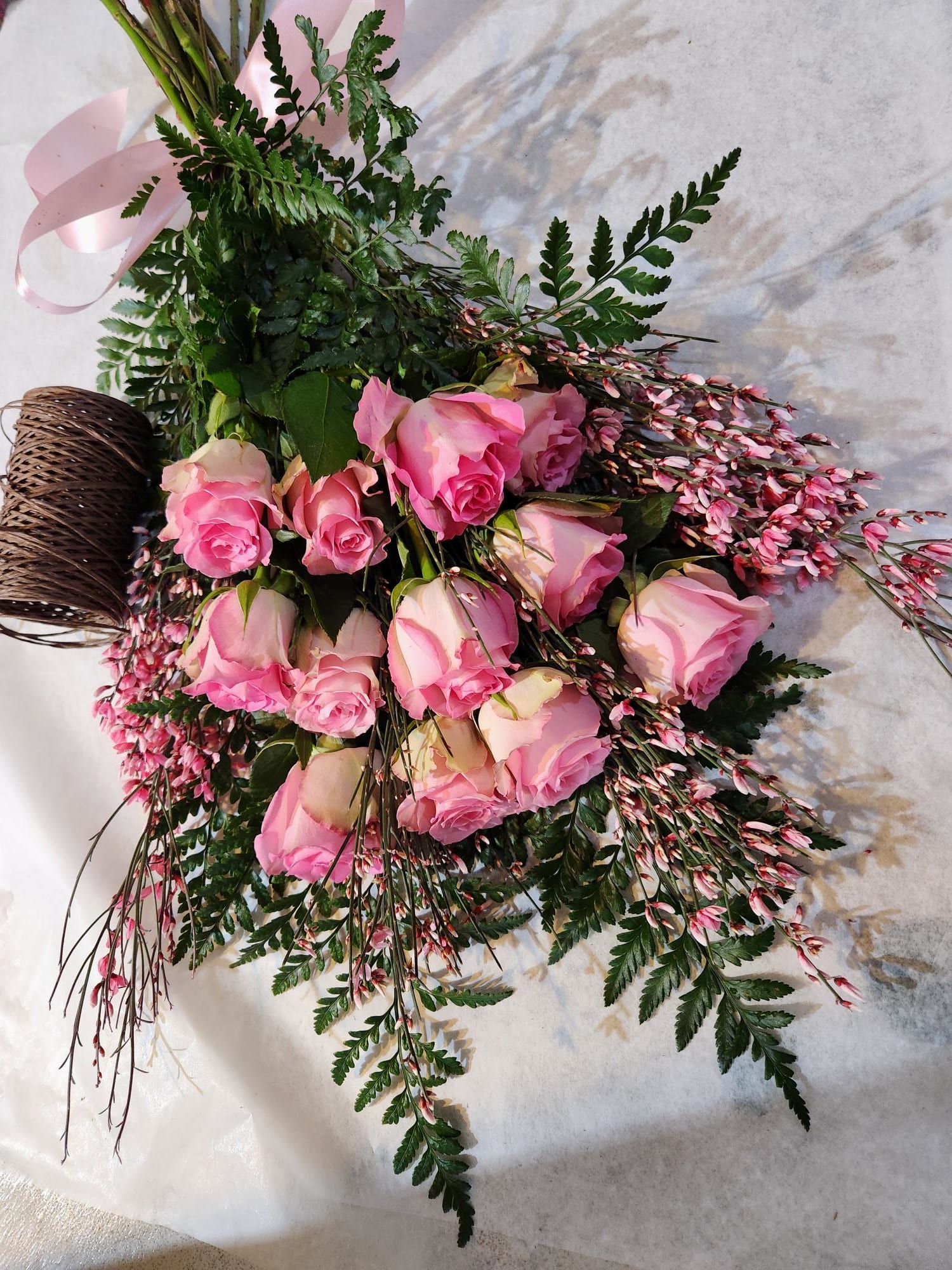 Hand Tied Rose Bouquet - Pink Roses Hand Tied Bouquet with accent flowers