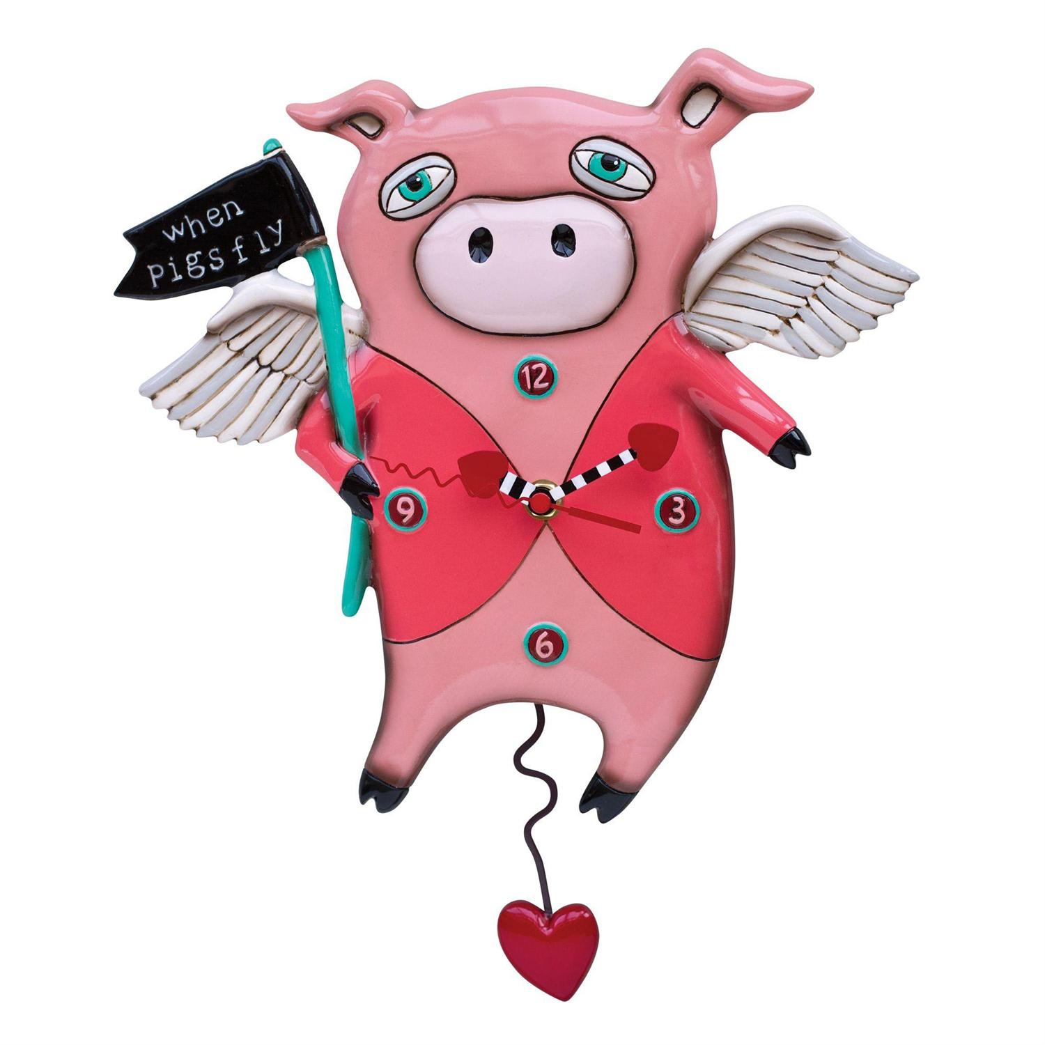 Allen Designs -Pigs Fly - Description  When Pigs Fly ! This clever clock tells the story of a little piggy getting its wings, and a great reminder that great things are possible if you put your mind to it! We love this pig's cute ears, feathery wings, and swinging heart pendulum.  Clock 13.5in H Requires 1 &quot;AA&quot; battery