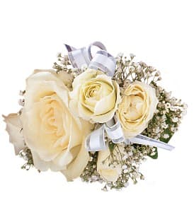 Spray Rose Wristlet - White-on-white for a sensation as pure and cool as ice, with two sizes of white roses to make it deluxe. A striped satin ribbon adds a soft touch.