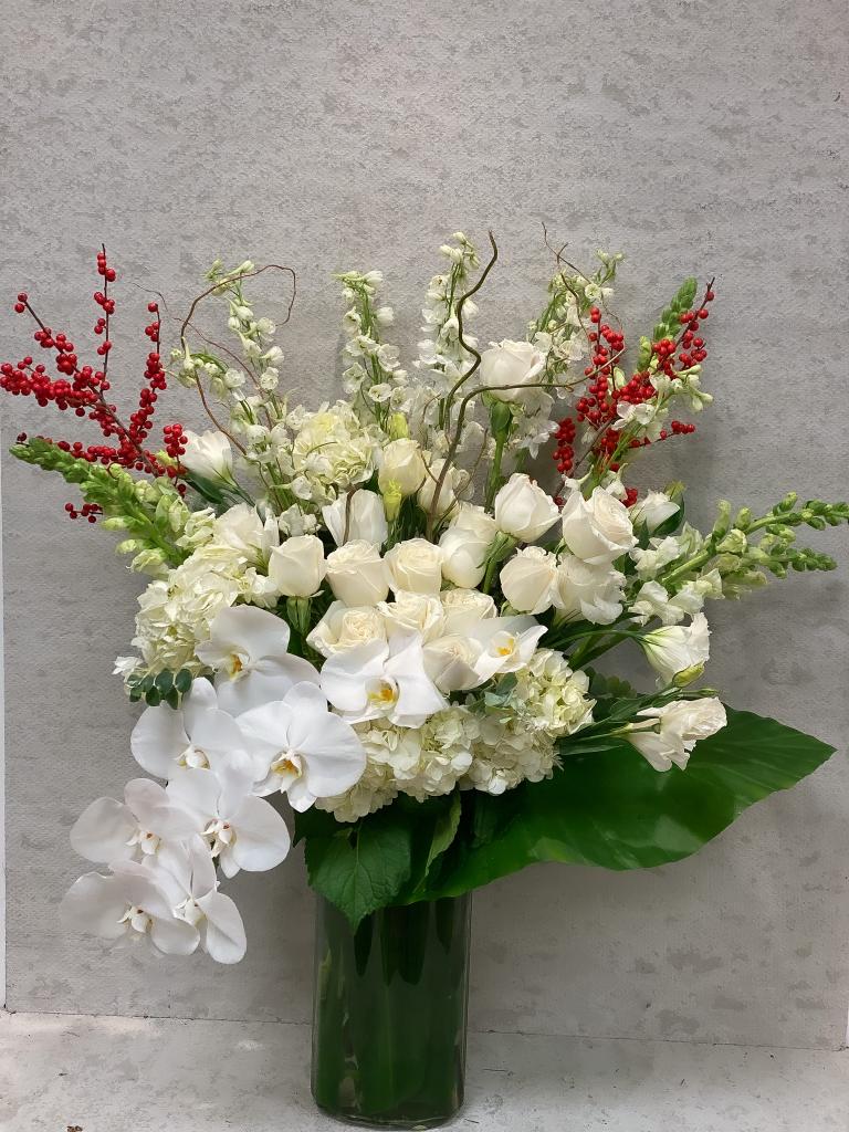 White Orchids Roses Tall Vase - Standard - Your order will be arranged approximately as shown on our website