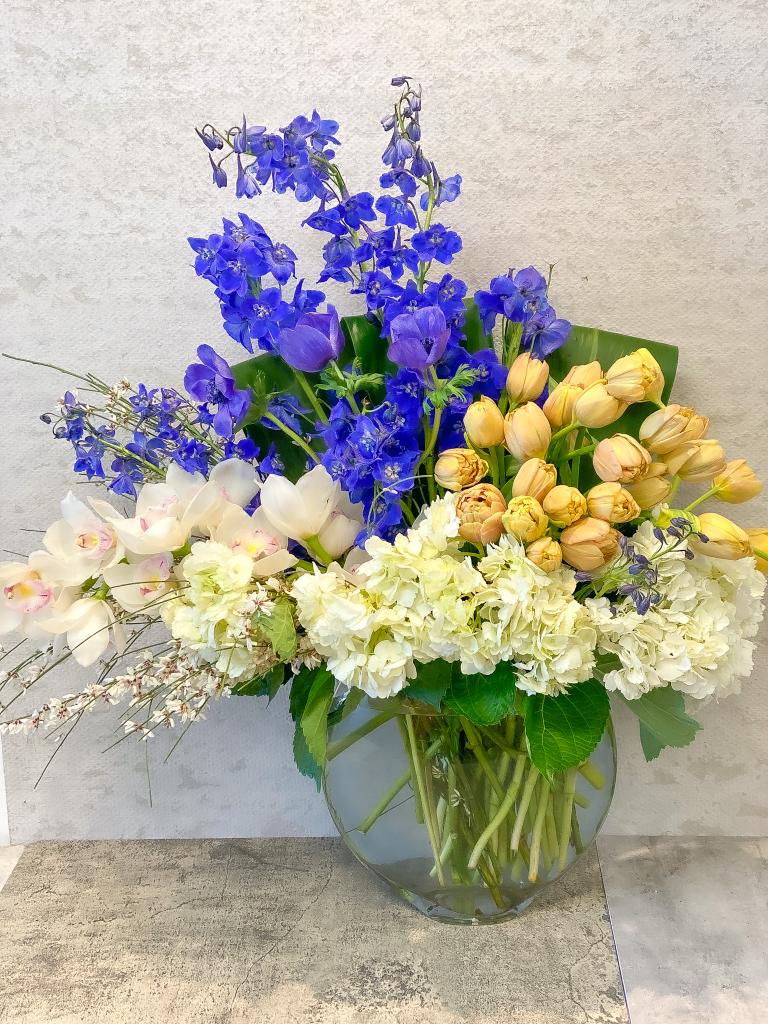 Yellow Blue Premium Flowers - Standard - Your order will be arranged approximately as shown on our website