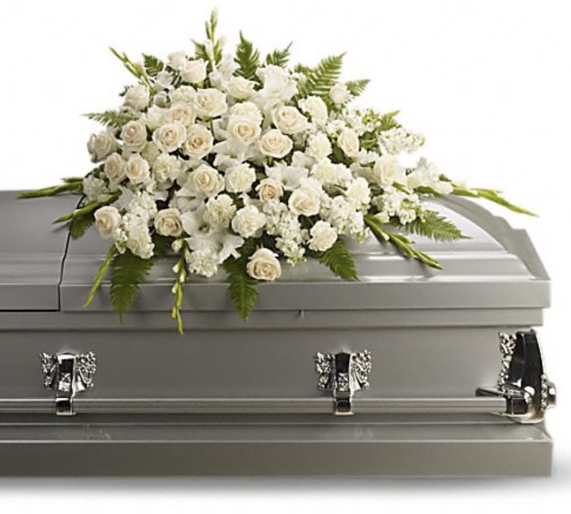White Tribute  - A casket spray filled with roses, gladiolus, stock and lilies (colors of choice)