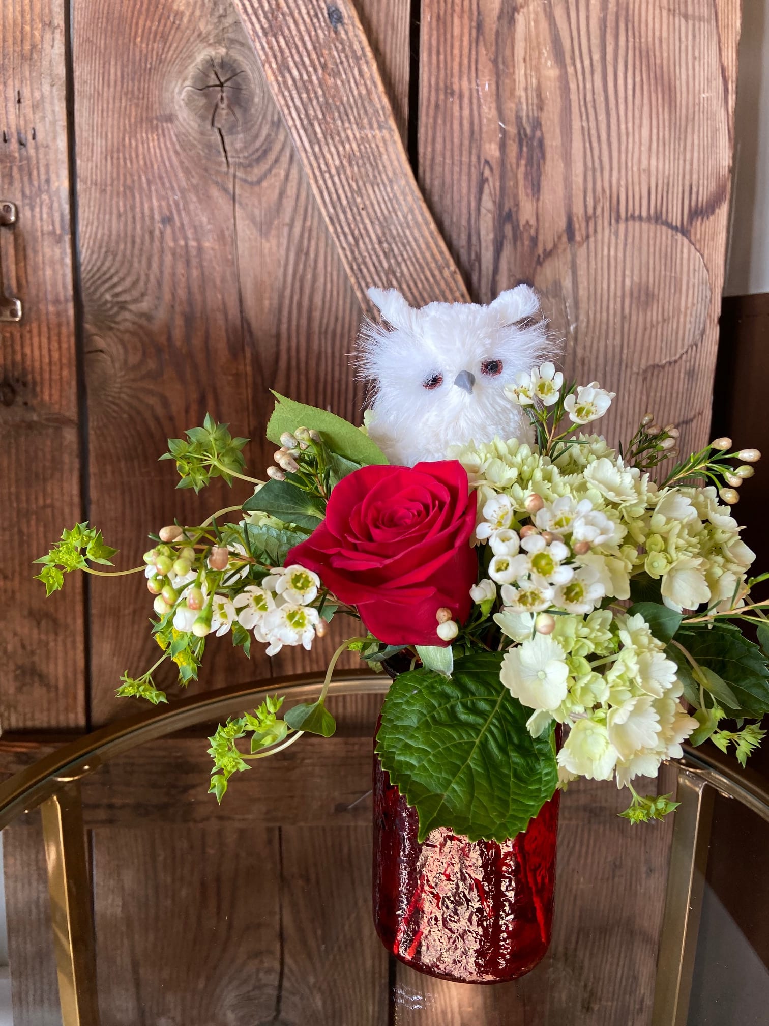 Owl Always Love You - Small Red Hammered Vase Arranged with a Keepsake Owl and Fresh Blooms