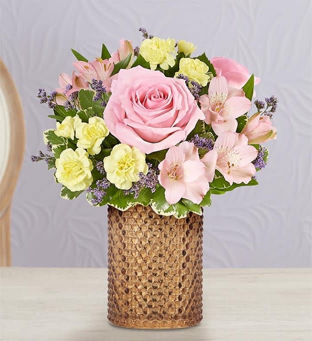 Timeless Elegance - Our garden-inspired bouquet delivers timeless elegance to the people you love. A mix of soft-hued blooms is hand arranged in our vintage-style hobnail vase inspired by the Victorian era. Featuring a champagne mercury finish, it’s a gift that helps you say it perfectly…and beautifully.