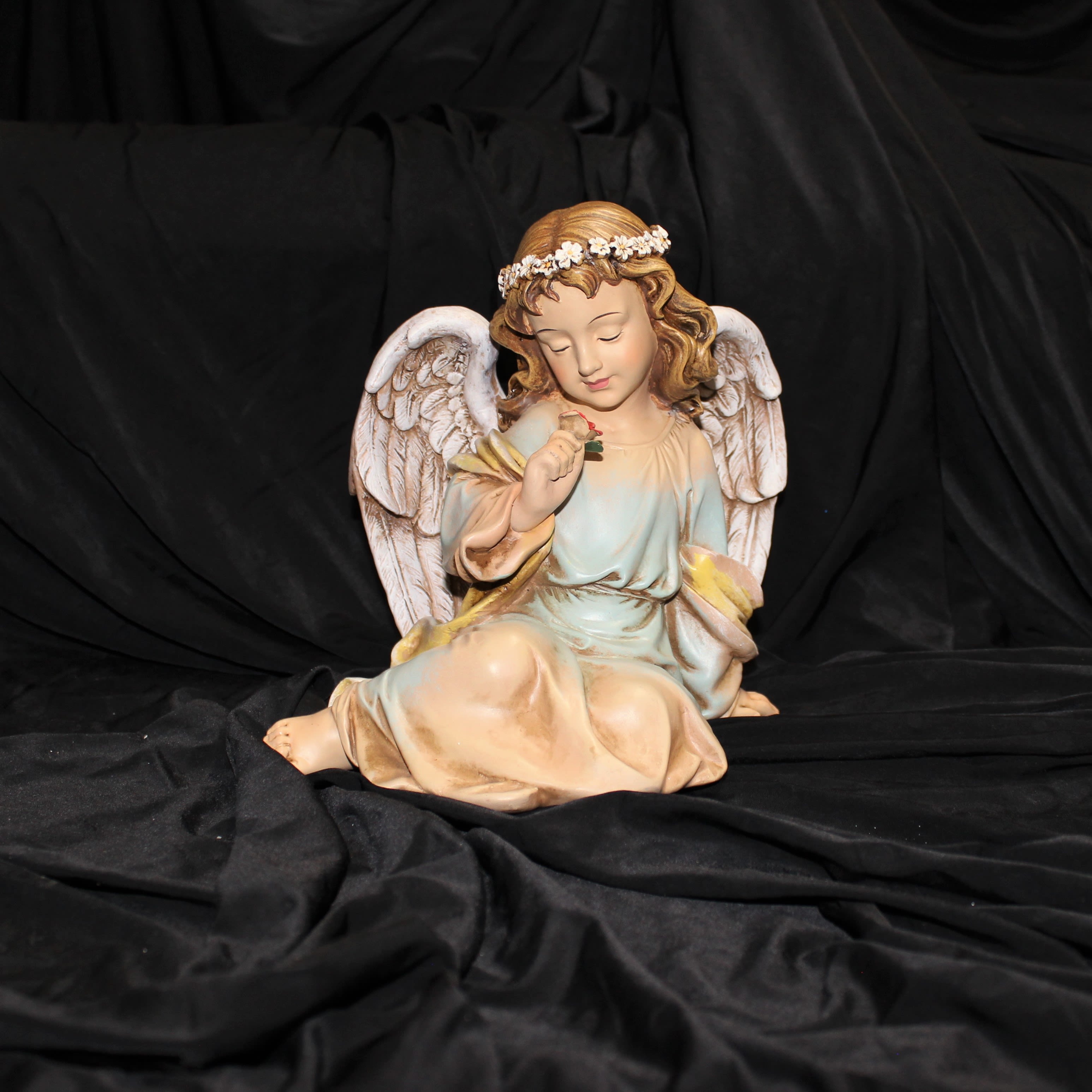 Sitting angel with rose - resin angel 7&quot;