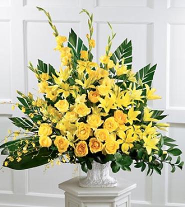 Golden Memories Arrangement -  Golden roses, Asiatic lilies and yellow oncidium orchids nurture golden memories. A heartfelt expression of your sympathies.    Item # S5-4213 