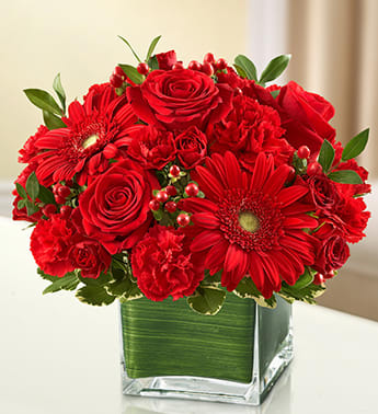 Healing Tears - All Red (Deluxe Shown) -   The symbol of courage and strength, an all-red bouquet conveys your sympathies with striking beauty. Our florists fill a stylish cube vase with roses, spray roses, Gerberas, carnations and more to send a fitting tribute during times of sorrow. Elegant arrangement of red roses, spray roses, Gerbera daisies, carnations, mini carnations and hypericum, accented with variegated pittosporum and myrtle Artistically designed by our florists in a classic clear glass cube vase lined with a Ti leaf ribbon; vase measures 5&quot;H x 5&quot;D Appropriate for the service or for sending to the home or office of friends and family members Large arrangement measures approximately 11&quot;H x 11&quot;L Medium arrangement measures approximately 10&quot;H x 10&quot;L Small arrangement measures approximately 9&quot;H x 9&quot;L 