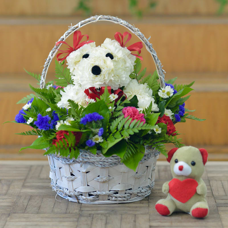 Flower Puppy - It looks absolutely adorable! It sits in its own basket! This will bring smiles to friends and loved ones. Get one today!  This arrangement only comes in one size.