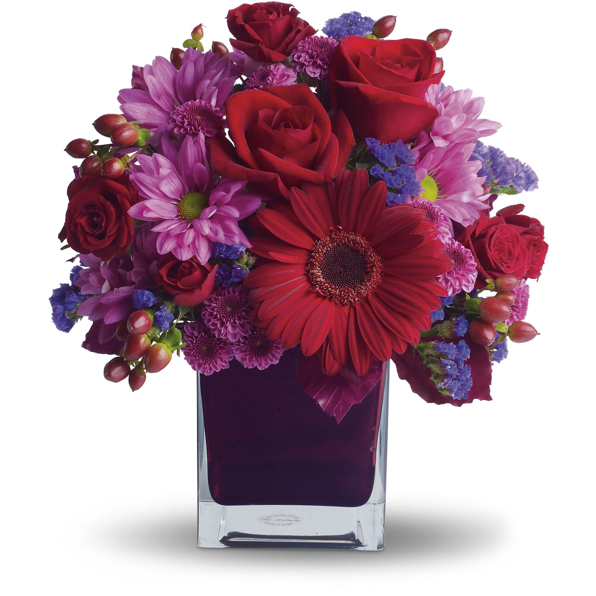 It's My Party A023 - The only crying that this plum party arrangement might inspire are tears of joy! So fabulous. So fun. So fall with its jewel-toned modern cube that's chock full of gorgeous red, purple and perfect flowers.