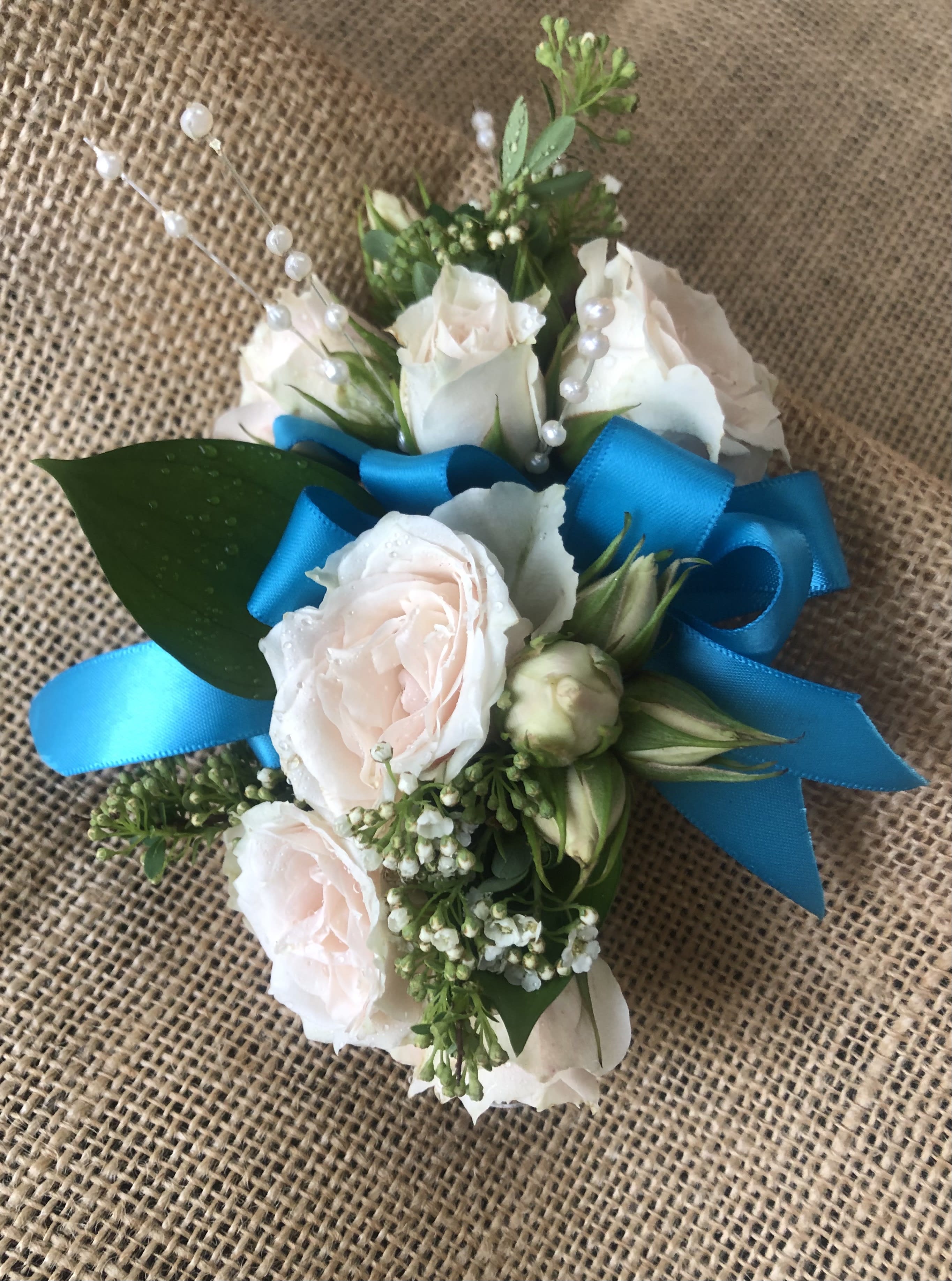 Baige Corsage #WC8 - Spray Roses made in to a beautiful Wrist or Pin-On Corsage for Wedding / Prom / or any other celebration . Color of the roses and ribbon is your choice. Fancy fake Diamond or Pearl available by request for additional cost 