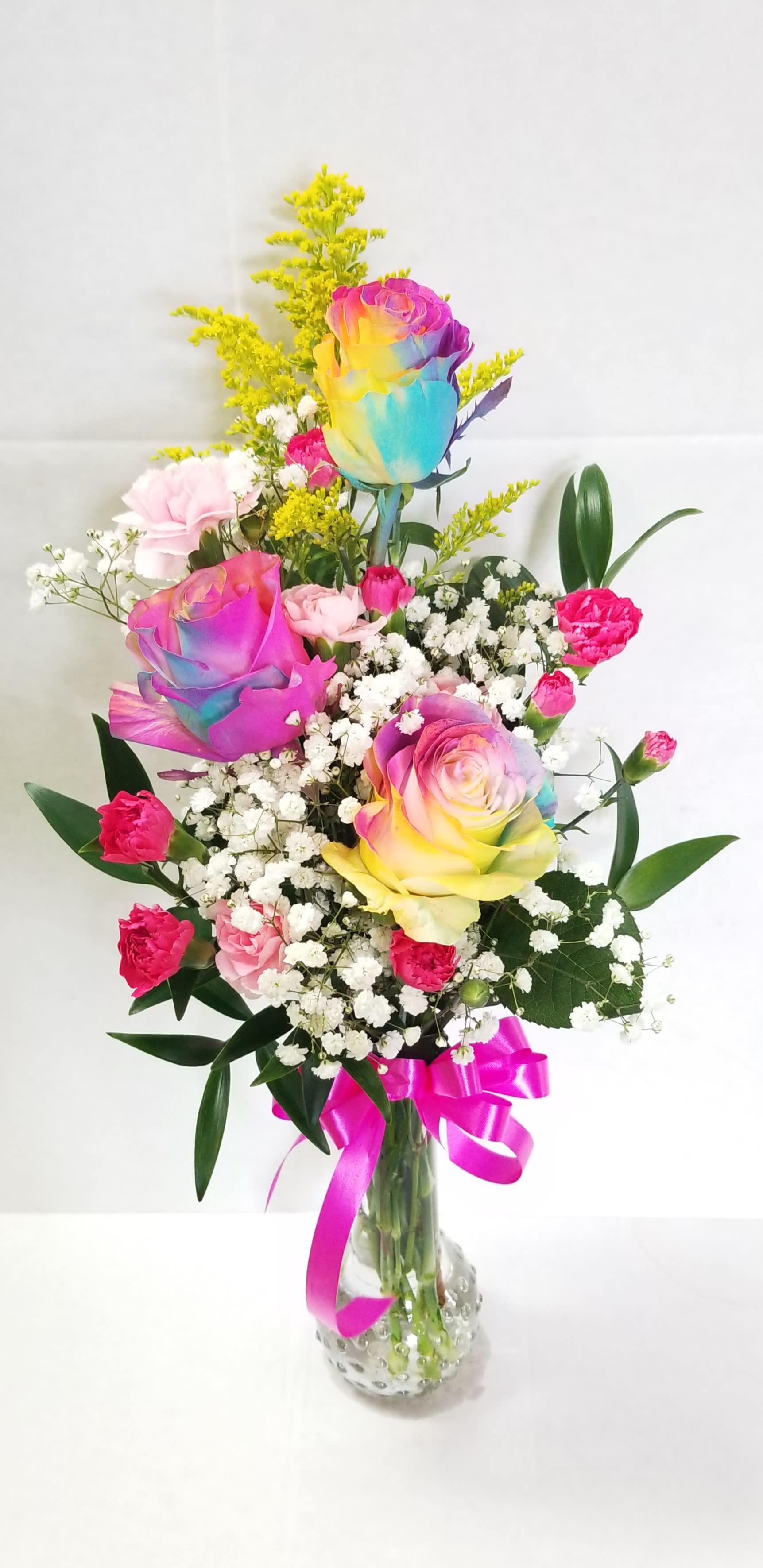 &quot;Magically Yours!&quot; Bud Vase Arrangement  - A beautiful array of Designers Choice Rainbow Roses, for that very Special Someone!!!