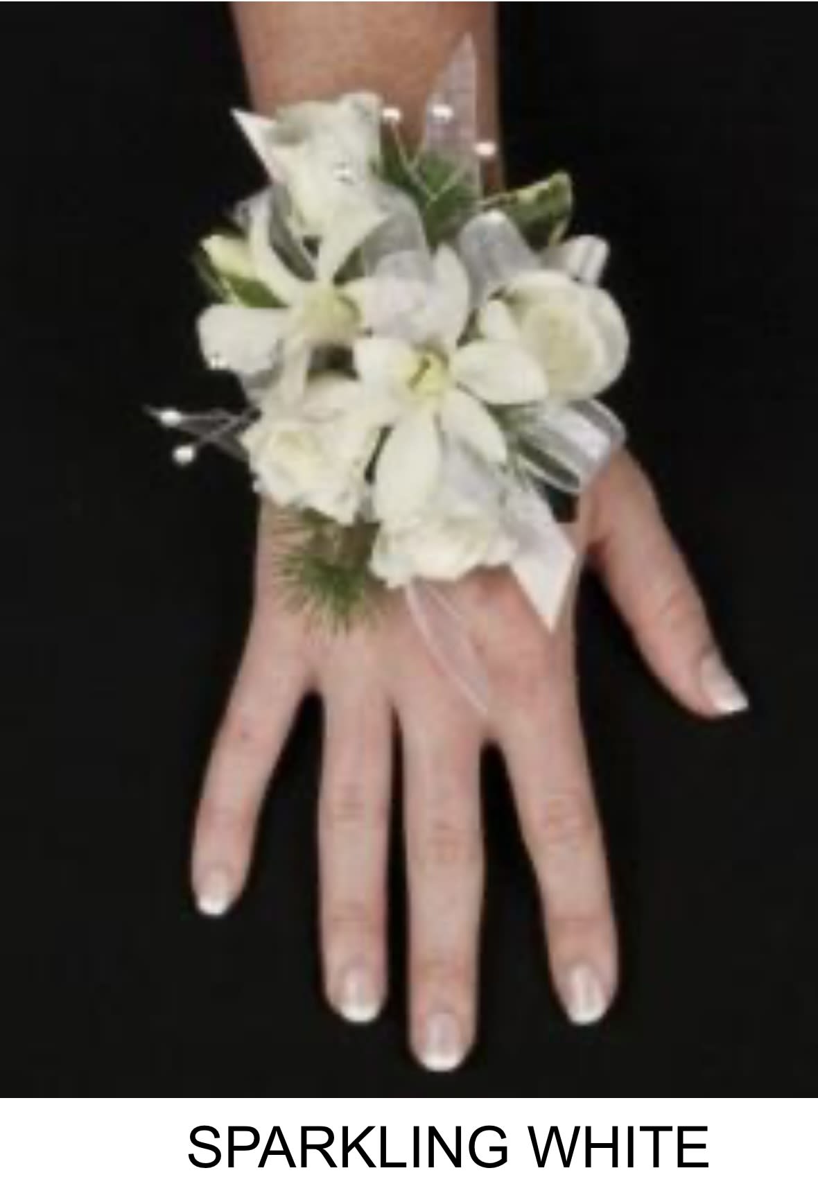 Sparking white corsage - White orchids and roses wristlet corsage with all the bling bling you want