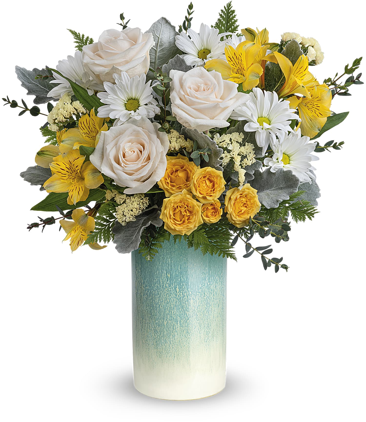 Sunshine Breeze - Resplendent as a sunny springtime sky, this glorious bouquet of yellow and white blooms is perfectly complemented by an aqua-glazed stoneware vase.  This arrangement includes crème roses, yellow spray roses, white daisy spray chrysanthemums, yellow alstroemeria, crème sinuata statice, parvifolia eucalyptus, dusty miller and leatherleaf fern. Delivered in Aqua Allure vase. Approximately 15 1/2&quot; W x 17&quot; H