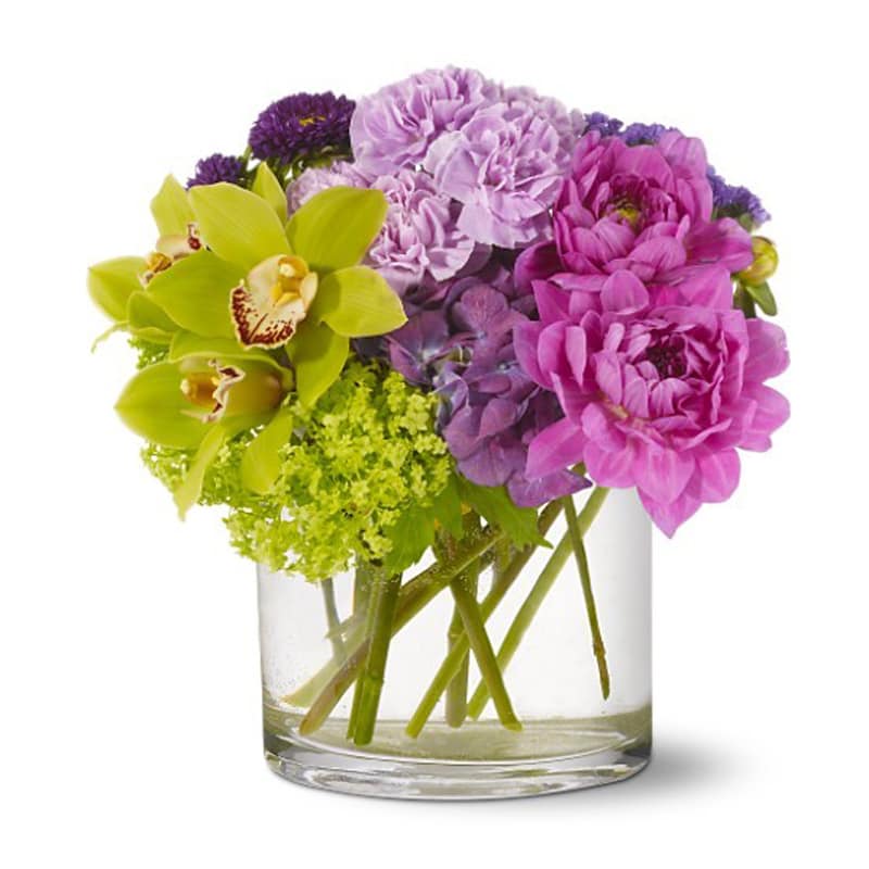 Watercolor Beauty [TFWEB183] - All the delicate tones of a watercolor painting, captured in an ethereal bouquet. Green orchids and purple dahlias mingle with lavender and chartreuse blooms to create a vision of pure beauty.  Green cymbidium orchids and viburnum, purple dahlias, hydrangea and Matsumoto asters and lavender carnations – accented with seafoam statice – are arranged in a cylindrical clear glass vase.  Approximately 11&quot; (W) x 11.25&quot; (H)  Orientation: All-Around      As Shown : TFWEB183 