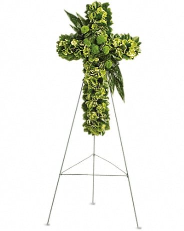 Garden Cross Garden Cross - A spiritual tribute for the religious service, this lovely cross made of green hydrangea, green dianthus and other favorites symbolizes the hope for eternal life. The exquisite arrangement includes green hydrangea, green trick dianthus, variegated pittospourum, accented with Israeli ruscus and other assorted greenery.