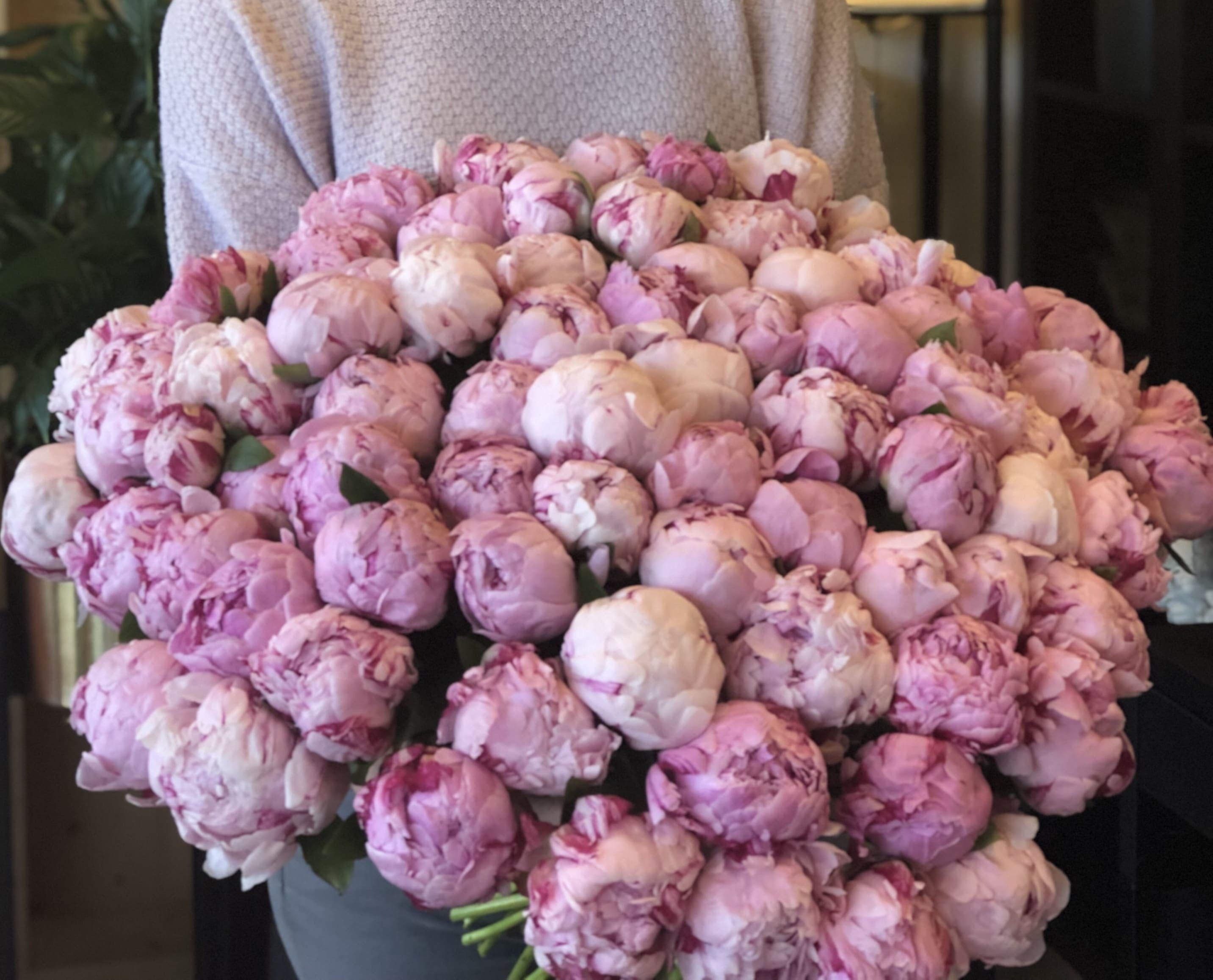 100 Peonies Hand Crafted Bouquet  - Luxury Hand-crafted Bouquet with 100 stems of light pink Peonies 