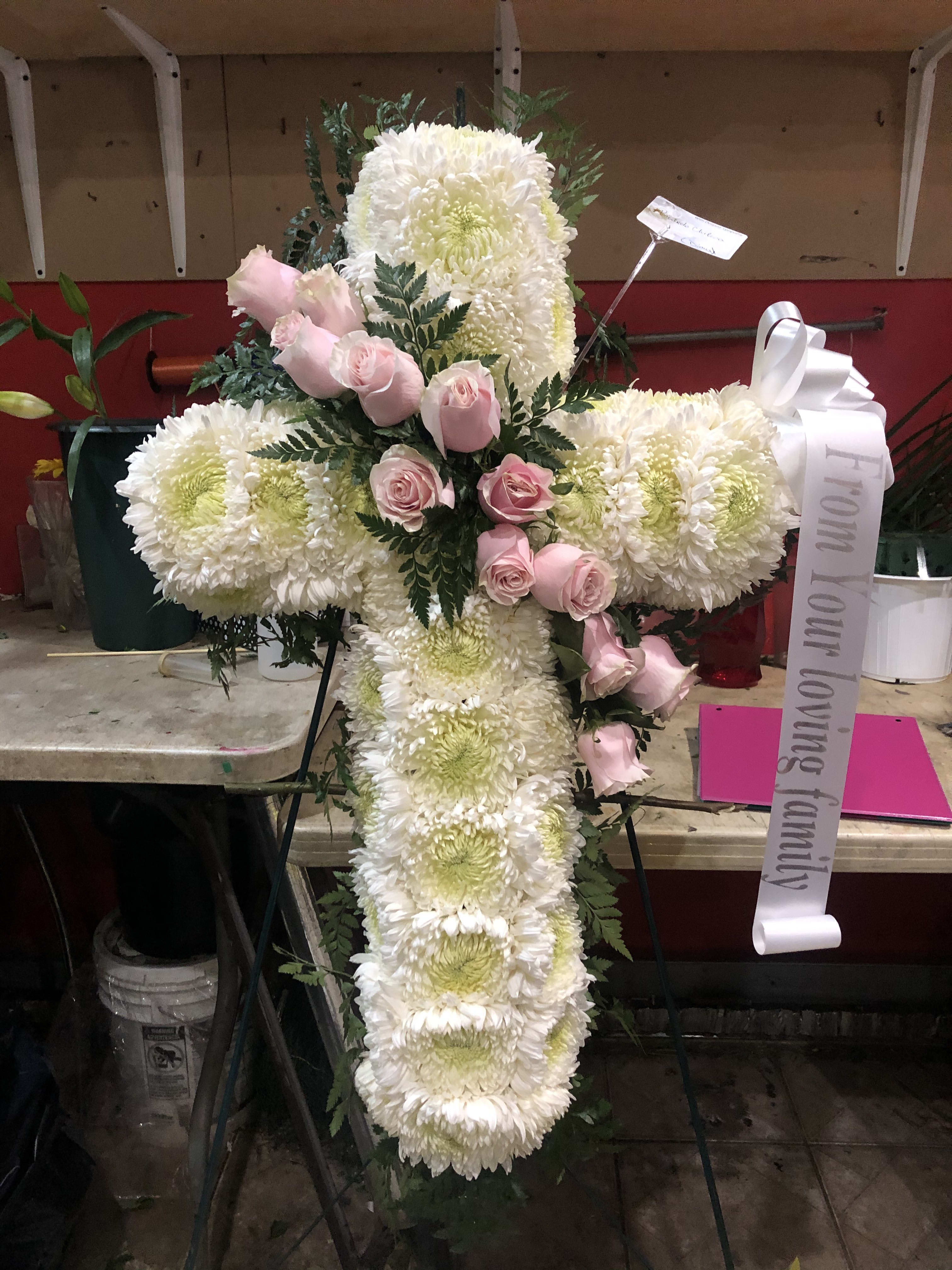 white and pink cross spray - white and pink cross spray