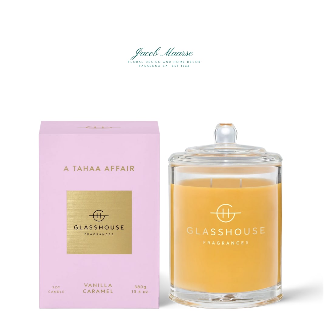 Tahaa Affair by Glasshouse candles - VANILLA CARAMEL 380g Triple Scented Soy Candle A transcendent everyday luxury, it creates instant ambiance. Ambrosial with luscious caramel and coconut, it’ll take you to the beaches of Tahaa.