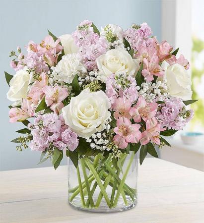 LOVELY PINK LOVELY PINK - VASE WITH LOVELY PINK AND WHITE FLOWERS, ROSES ASTROMERIAS, CARNATIONS BABY BREATH Flowers may be substituted with similar shades and colors.