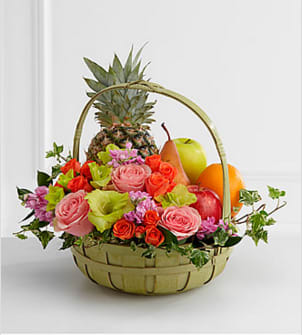 The FTD® Rest in Peace™ Fruit & Flowers Basket The FTD® Rest in Peace™ Fruit & Flowers Basket - The FTD® Rest in Peace™ Fruit & Flowers Basket is a thoughtful gift that conveys your warmest sentiments for the family and friends of the deceased. Pink roses, pink stock, orange spray roses, green gladiolus, variegated ivy and lush greens are arranged amongst a collection of fruit, gorgeously seated in a large green basket to create a gift that expresses your deepest sympathies for their loss. Approximately 14"H x 16"W. Your purchase includes a complimentary personalized gift message.