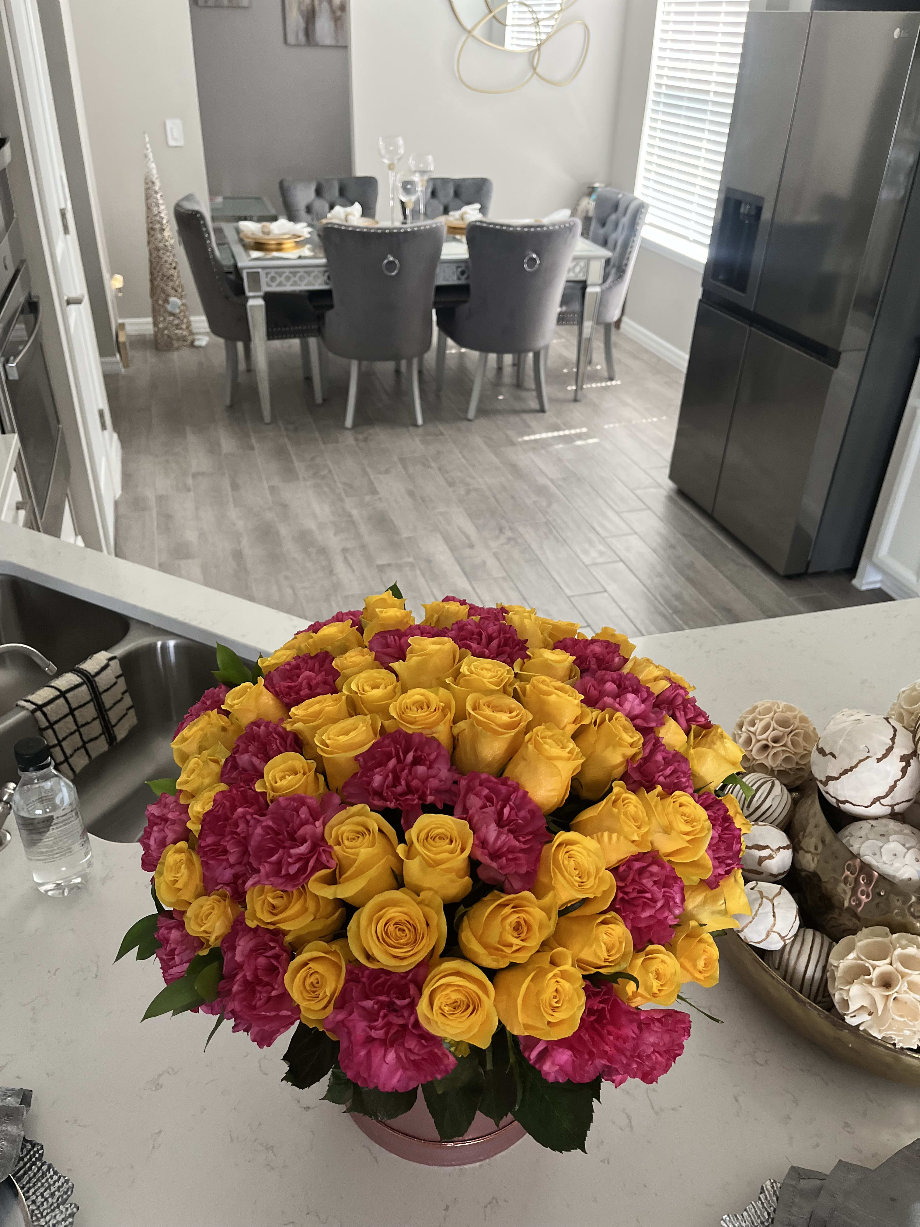 Roses and Carnations Flower Box Roses and Carnations Flower Box - Pink carnations with yellow roses always brings smiles.