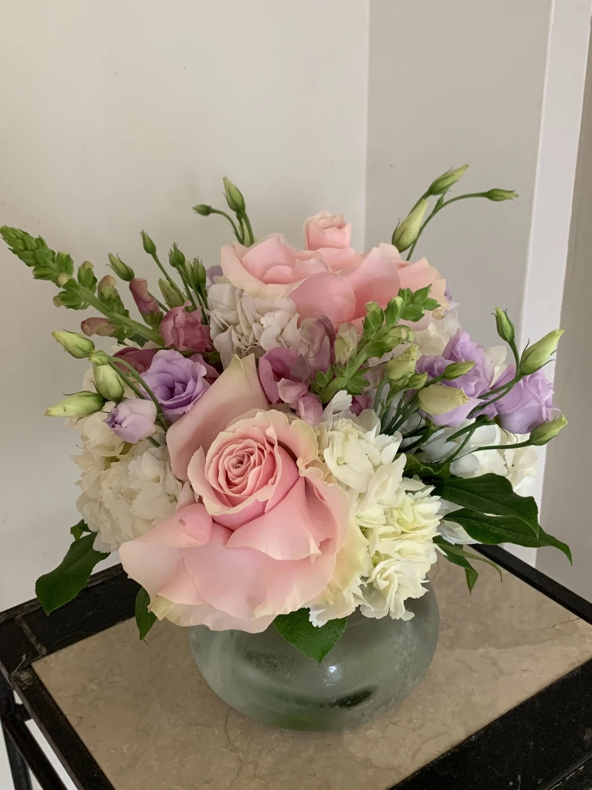 Pink and Lavender - Custom designed soft pink roses, lavender, lisianthus, white hydrangea. 