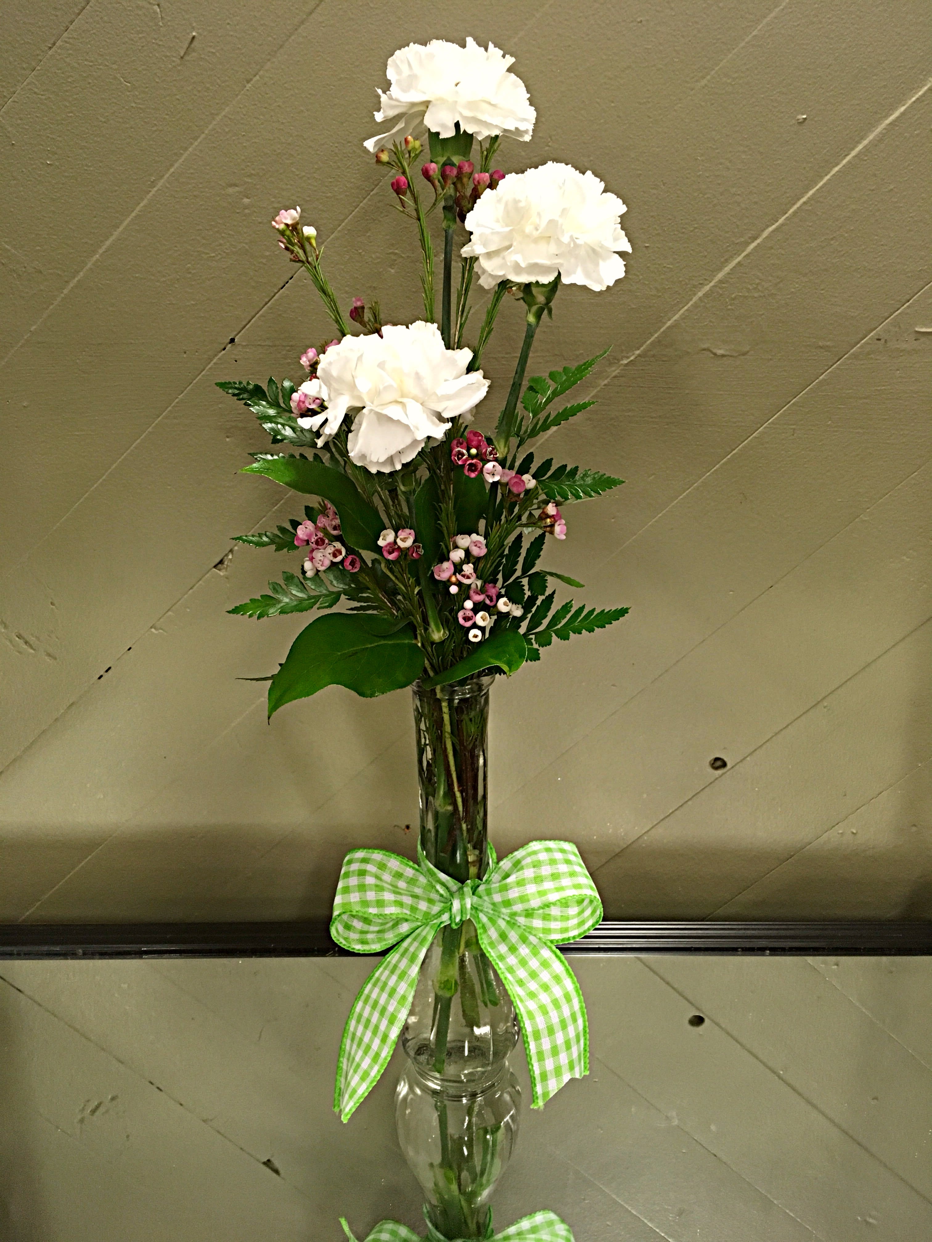 Carnation Cutie - 3 carnations in a bud vase. Color will vary