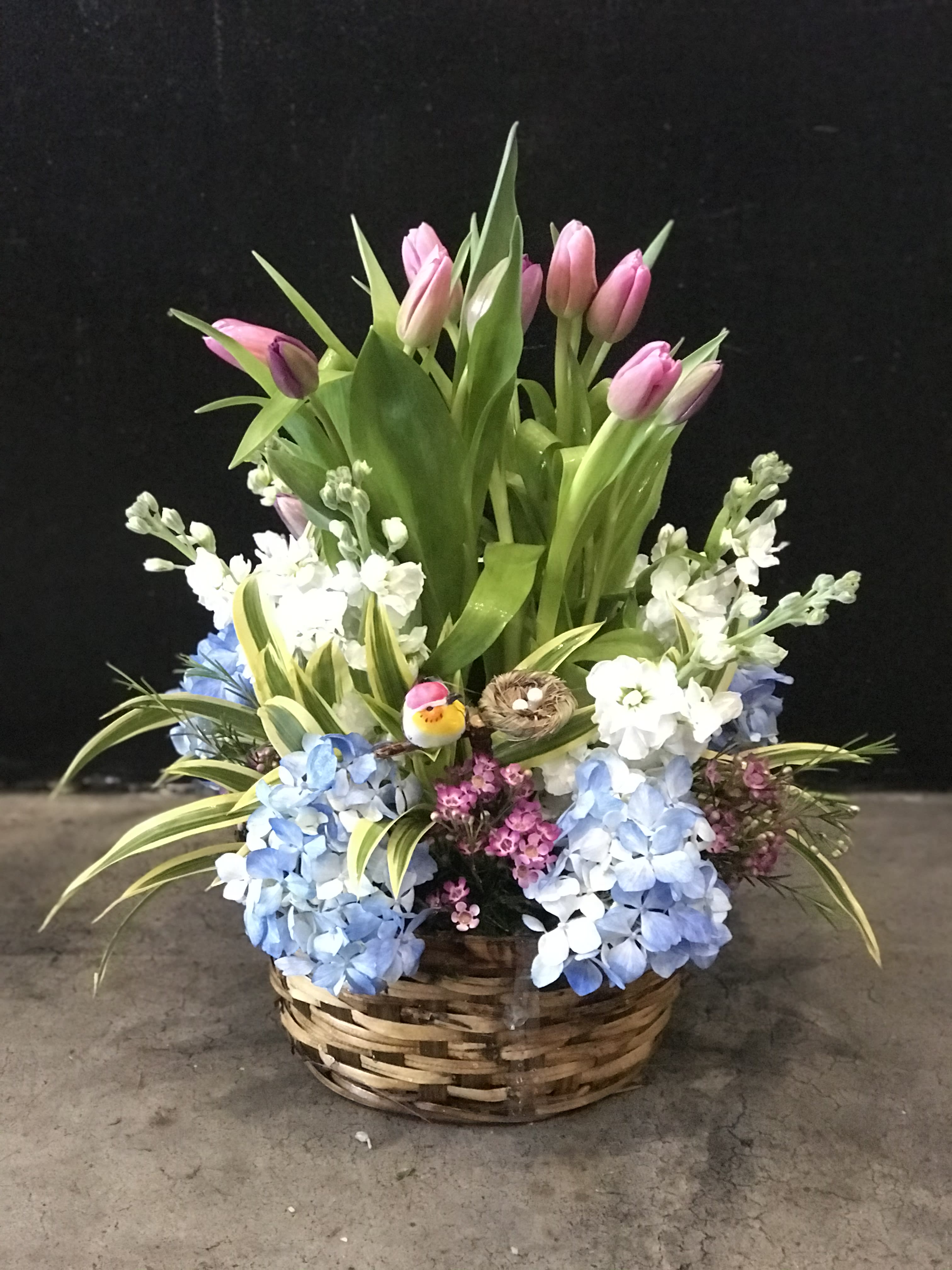 Ruth - hydrangeas, tulips, stock, bird