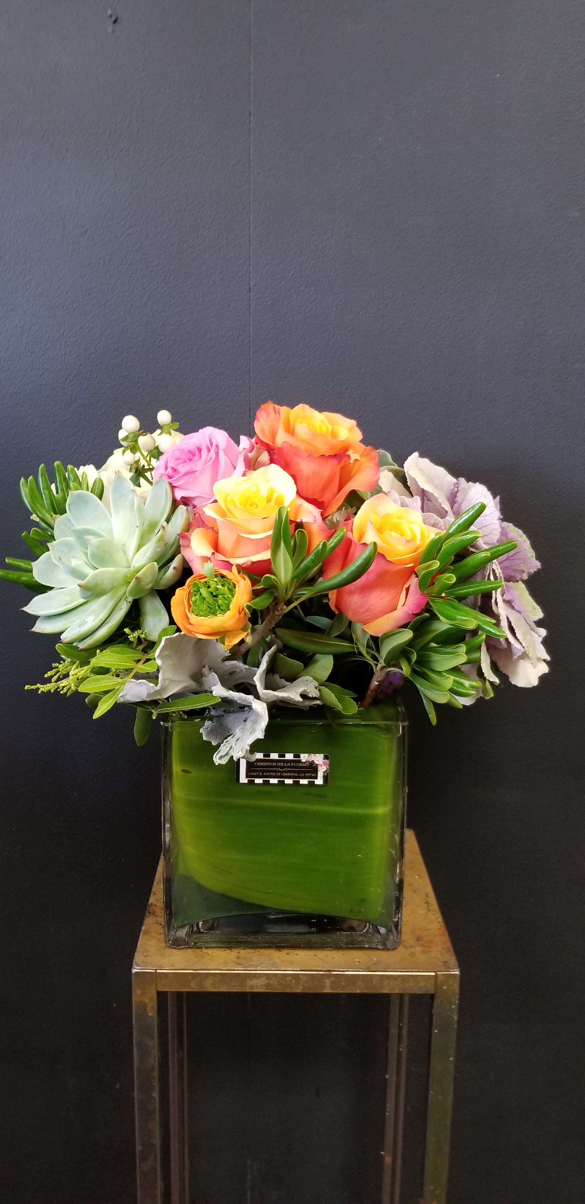 Thanks to you - Assorted color of Rose arrangement with succulents in a cube vase
