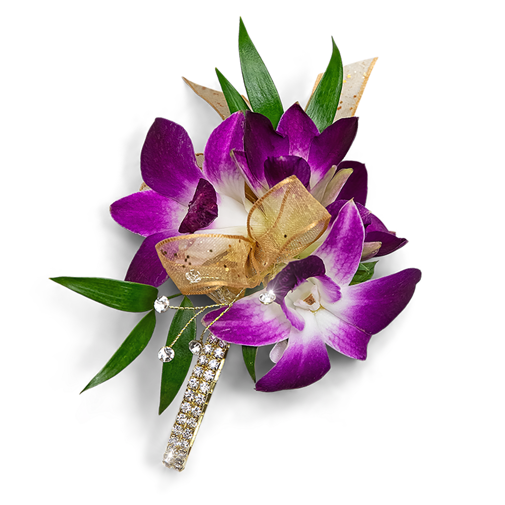 Wanderlust Corsage - You found the perfect dress and tux, now it's time to add the perfect corsage or boutonniere for your formal event. Our Wanderlust Corsage is simply stunning, with deep purple Dendrobium orchids and rhinestone accents. 