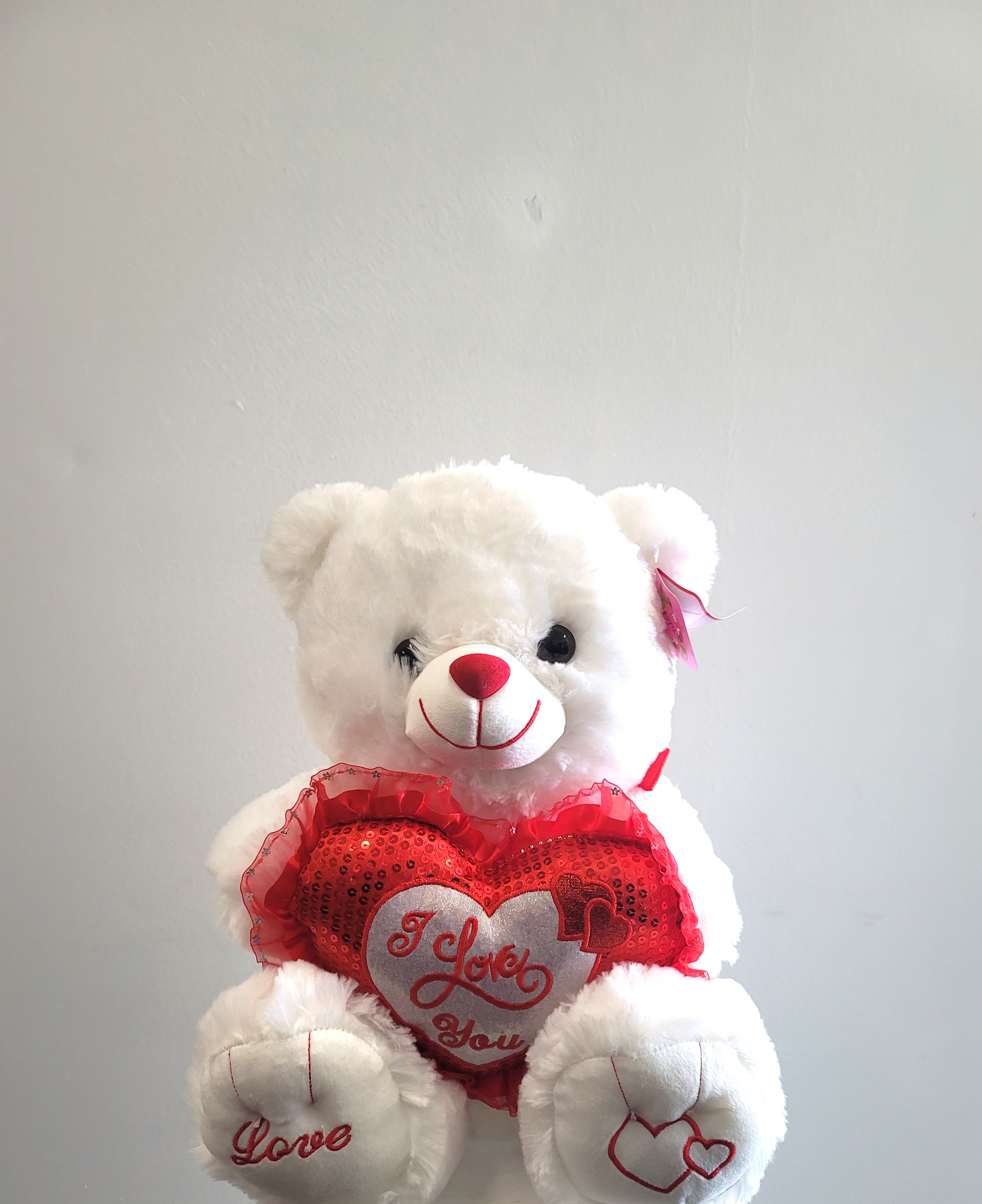 med white teddy bear with i love heart by Xochitl Flowers & Gifts