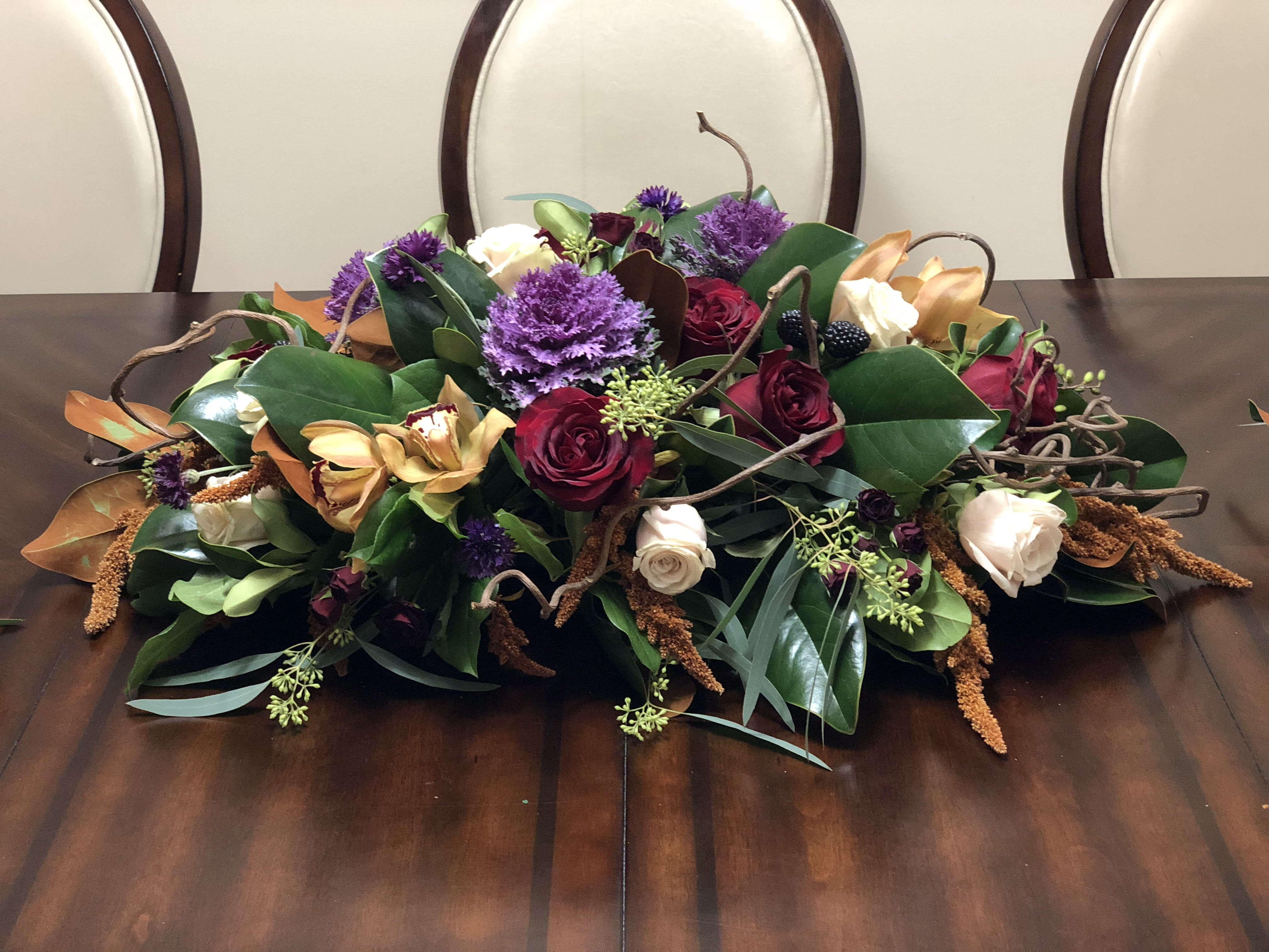Thanksgiving centerpiece  - Centerpiece with roses, orchids, kale, amaranths