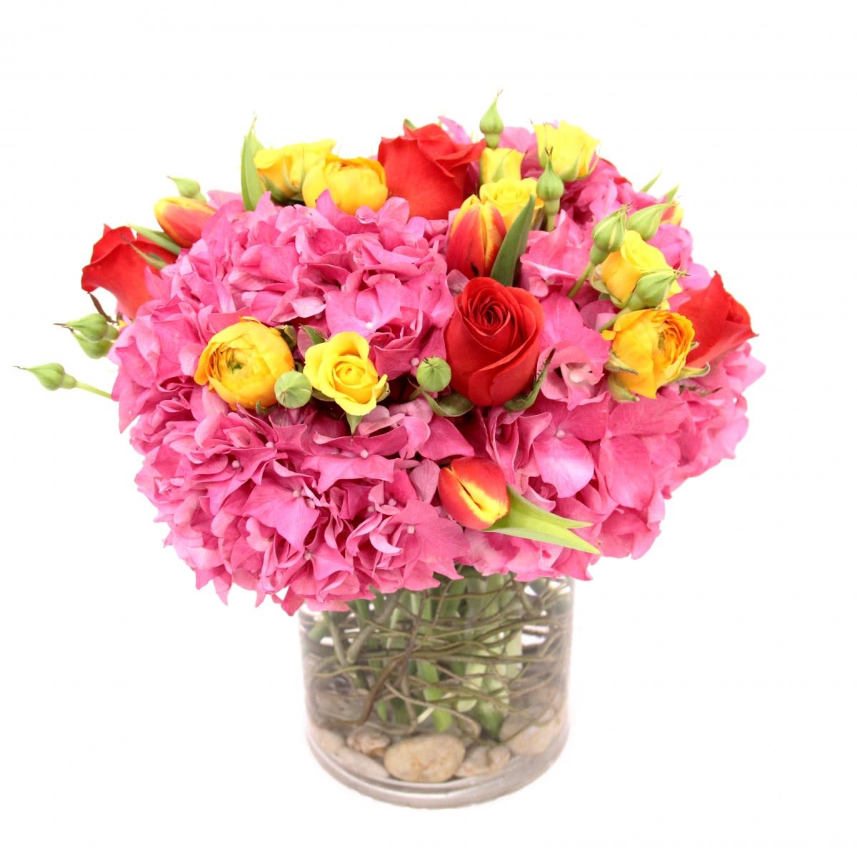 Thinking of you Bouquet - When someone you love is going through a tough time, let them know they’re on your mind with our pretty ‘Thinking of You’ bouquet.This  arrangement includes  with pink hydrangea, yellow spray roses and bi-color tulips