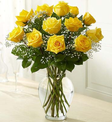 Rose Elegance Premium Long Stem Yellow Roses -   Brighten any celebration with a beautiful and brilliant bouquet of exquisite long-stem yellow roses, a stylish and vibrant gift that's sure to bring sunny smiles! (Vase/Basket style may vary)   Item # 90021 