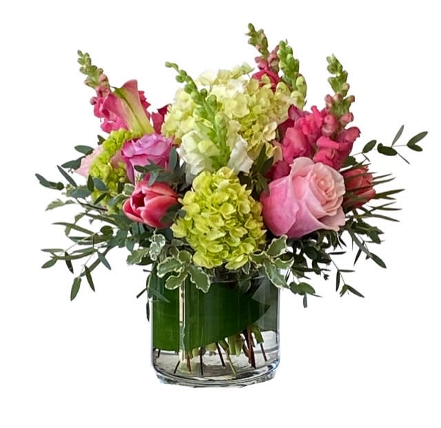 Mini Green Hydrangea and Pinks Cylinder Bouquet Mini Green Hydrangea and Pinks Cylinder Bouquet - Always a favorite !, this “European style” arrangement includes a combination of roses, hydrangea, snapdragon, and tulips, tastefully arranged in a color palette of white, pink ,and green.