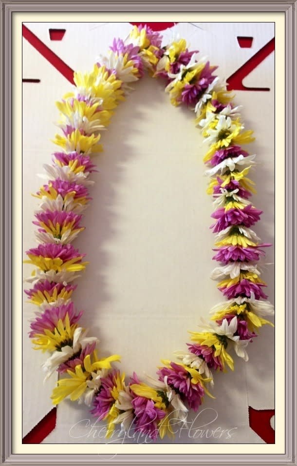 CF2046 - White, Purple, &amp; Yellow Daisy Leis This cheerful leis features alternating white, purple, and yellow daisies. 