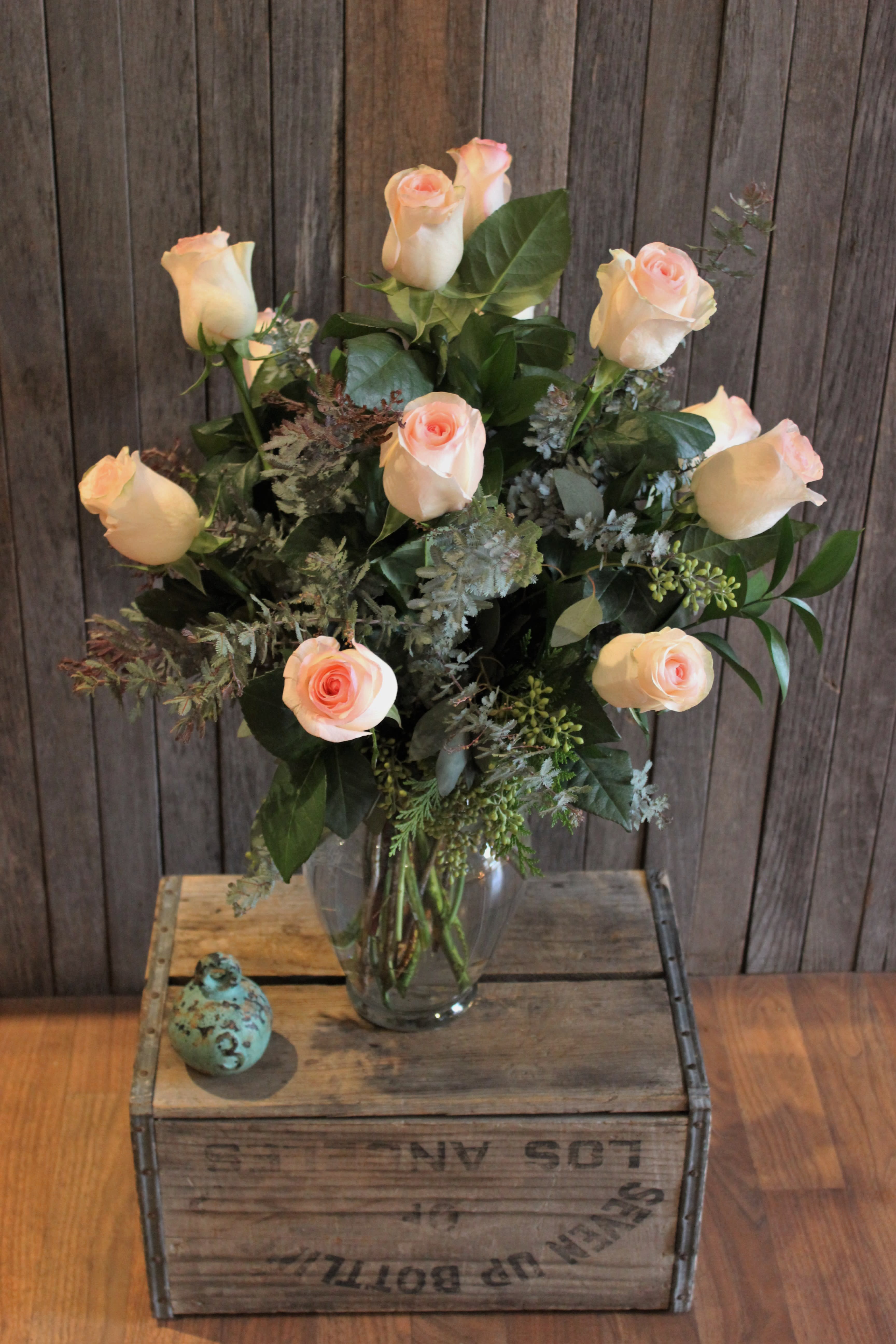 Traditional Dozen - Pastel  - The freshest and most beautiful pale-colored roses we can find, designed in a vase.  Please indicate color preference in &quot;special instructions&quot; and we'll do our best to get that color - best to list a 2nd choice option as well.