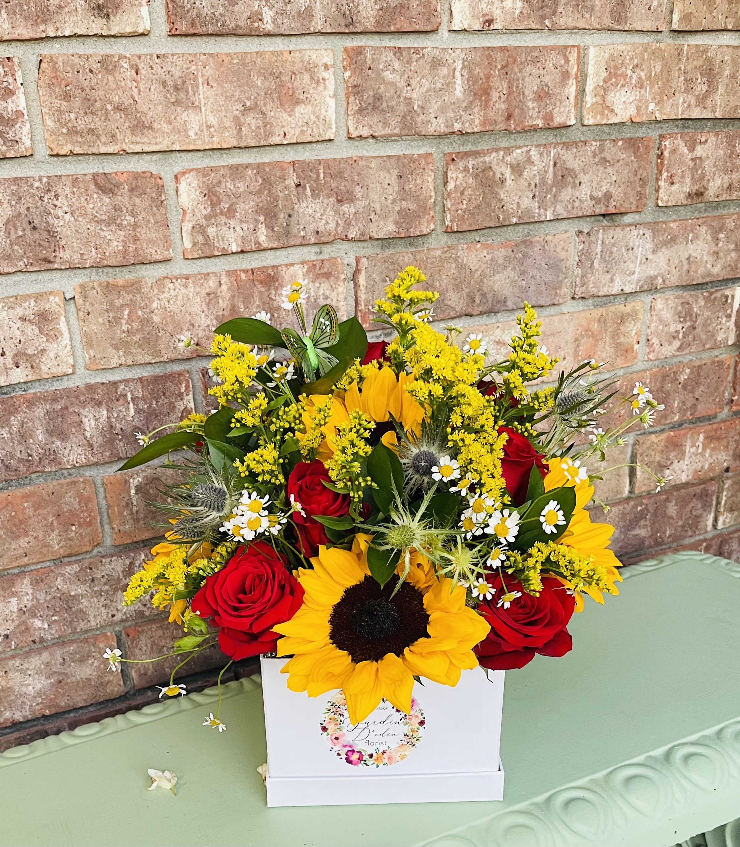 The sunflower garden bloom box  - sunflowers, roses, different types of greenery