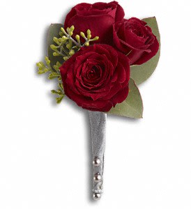 King's Red Rose Boutonniere - Nothing says romance like red roses.  Red roses and seeded eucalyptus.  Approximately 3&quot; W x 5&quot; H  Orientation: N/A 